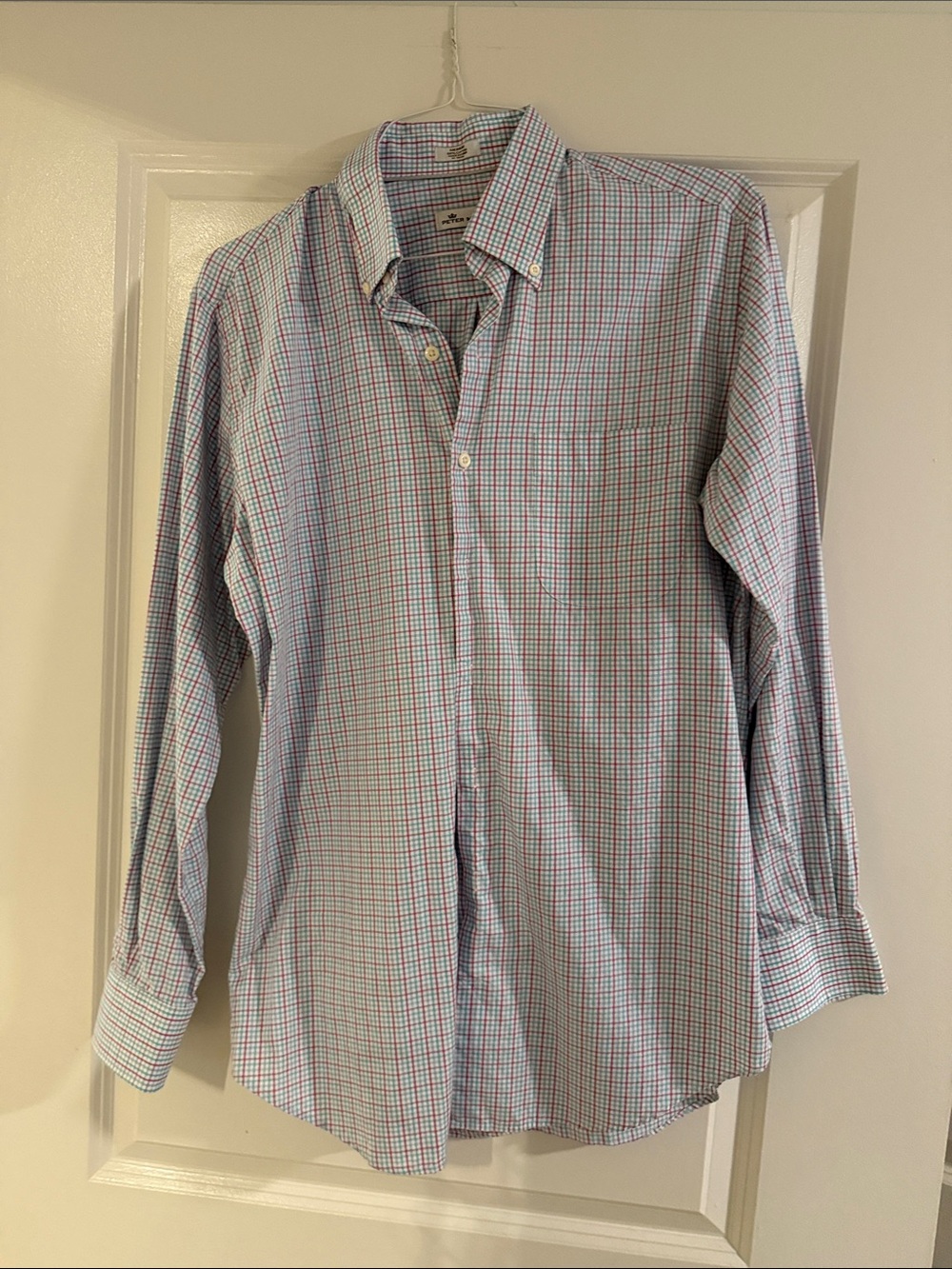 Men's Checked Peter Millar Button-Down Shirt in Light Blue and Pink. Medium